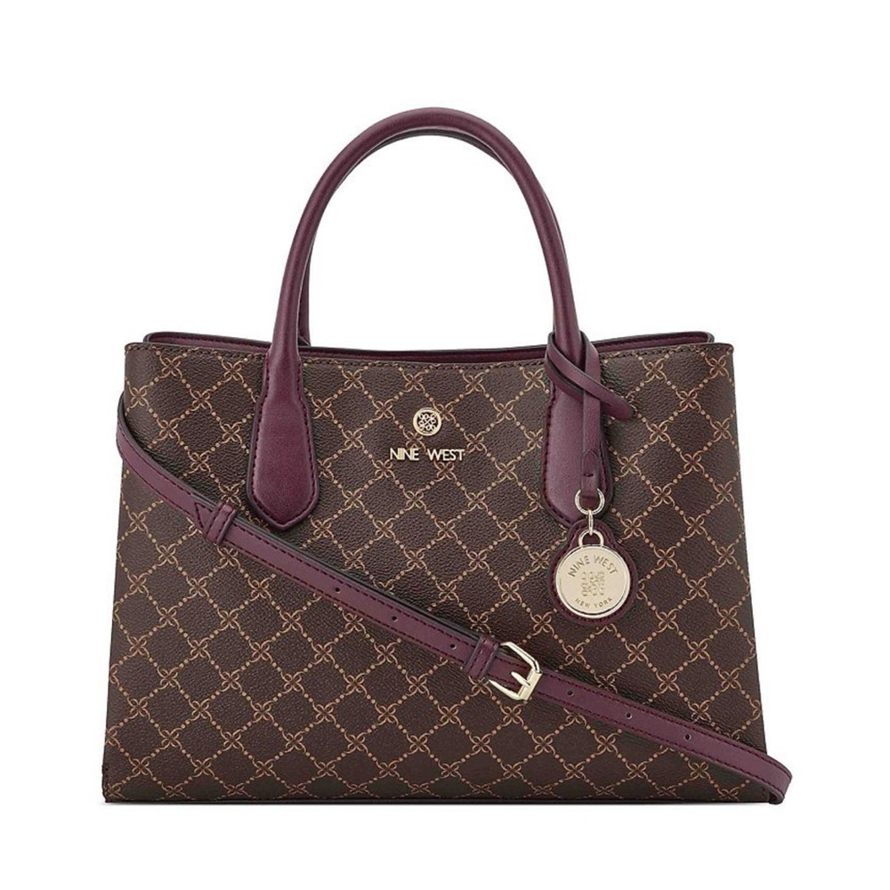 Nine West Burgundy & Brown Logo Satchel with Detachable Strap - Picture 2 of 8